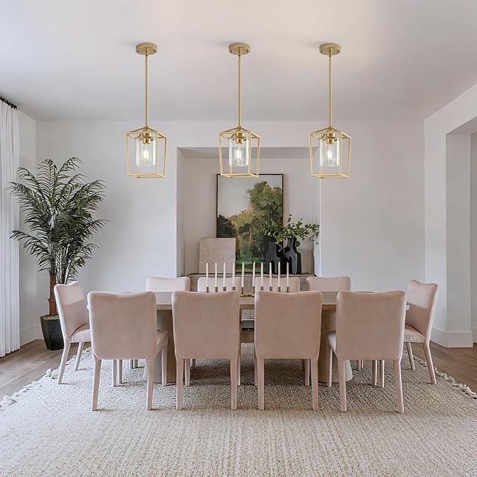 3 Pack Gold Pendant Lights, Farmhouse Kitchen Pendant Lighting Over Island, Metal Cage Hanging Lights with Clear Glass Shade for Kitchen Island, Dining Room, Entryway, Hallway