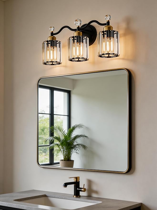 Modern Crystal Bathroom Vanity Light,Balck and Gold 3-Lights Bathroom Light Fixtures, Vanity Light Fixtures Over Mirror, Glass Wall Sconce Light for Bedroom, Kitchen, Living Room, Gallery, E26 Base