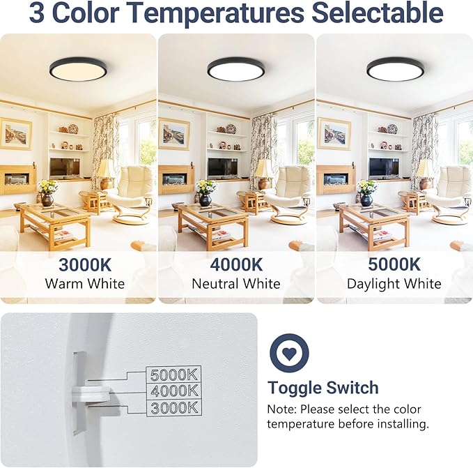 3520LM Dimmable LED Flush Mount Ceiling Light, 15.8 Inch Edge-Lit Flat Fixture, 3000K/4000K/5000K 3 Color Temperature Selectable, Close to Ceiling Lighting for Bedroom Kitchen Laundry,4Pack Black