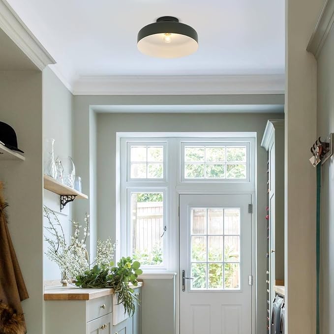 13-Inch Industrial Semi Flush Mount Ceiling Light Vintage Green Light Ceiling Mount Lamp Farmhouse Flush Mount Light Fixture for Hallway Bedroom Foyer Kitchen Entryway