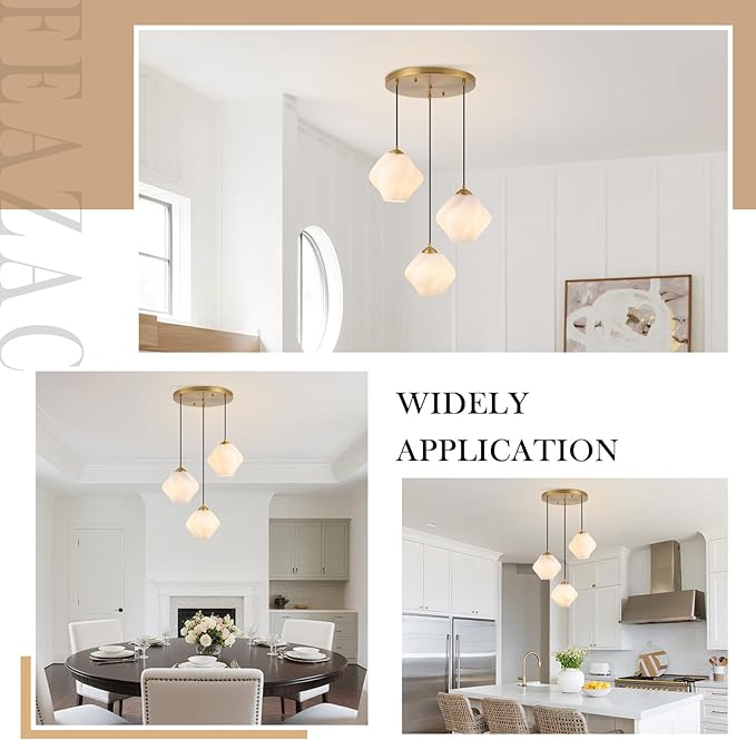 3-Light Cluster Pendant Lights, Mid Century Modern Cluster Chandelier with Milk White Glass, Brass Gold Pendant Lighting for High Ceiling, Kitchen Island, Staircase, Dining Room, Living Room