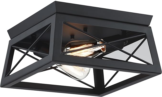 Pia Ricco Flush Mount, Modern Industrial Square Ceiling Light for Outdoor Porch, Indoor Kitchen, Hallway, Entry - Black Rustic Style, 2-Light