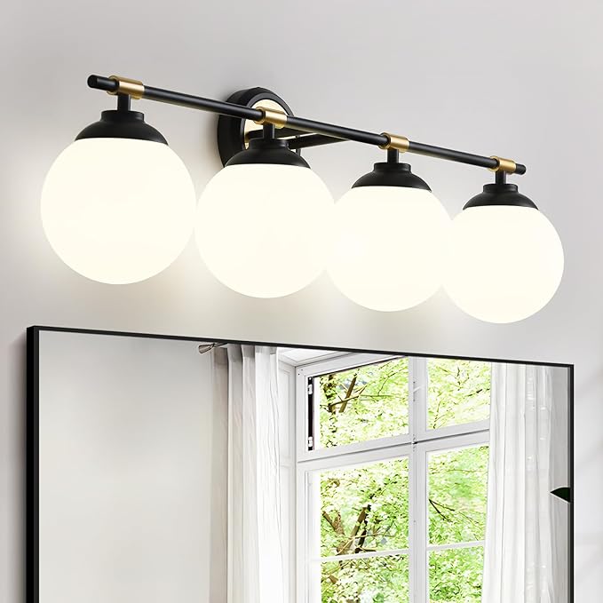 Rayogale Black Gold Bathroom Light Fixtures, ETL Certified, Modern, 4 Light Bathroom Wall Sconce, Vanity Light with Milk White Glass Shades (Bulbs Not Included) 32 Inch