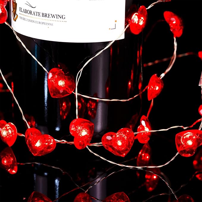BOHON Valentine Day Decorations 10 ft 40 LEDs String Lights with Remote | Red Heart Shaped Twinkle Fairy Lights Battery Operated for Kids Bedroom Indoor Party Valentine's Day Mother's Day Decor
