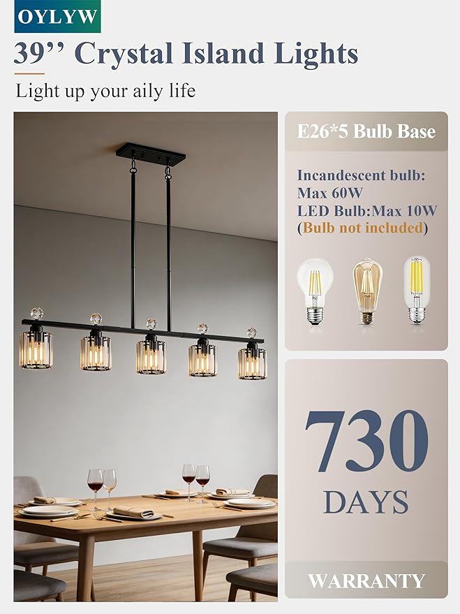 Modern Dining Room Light Fixture Over Table, Crystal Pendant Lights Kitchen Island, Chandeliers for Dining Room Kitchen Light Fixtures (E26) 5-Light Black
