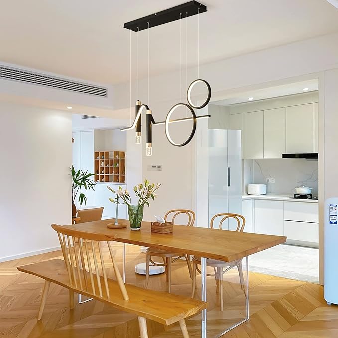 Siittoo Modern LED Pendant Lighting Fixtures, 45W Dimmable LED Modern Chandelier Lights with Geometric Shapes & Bubbles, 37'' Black Linear Wave Dining Room Light Fixture for Kitchen Island Living Room