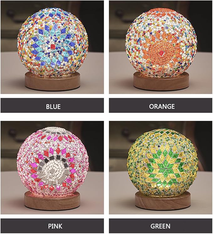 Turkish Table lamp (D:4.7" x H:5.2"),Mosaic Glass Lamps with Wooden Base, Bohemian Tiffany Bedside Lamps, USB Power Moroccan Lantern for Living Room Halloween Decorations (Boho - Orange, Boho)