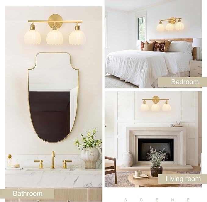 Gold Bathroom Light Fixtures Over Mirror, 3 Light Bathroom Vanity Light Fixture with Tulip Milk White Glass Lampshade, Vintage Vanity Lights for Bathroom, Bathroom Vanity Lights Over Mirror