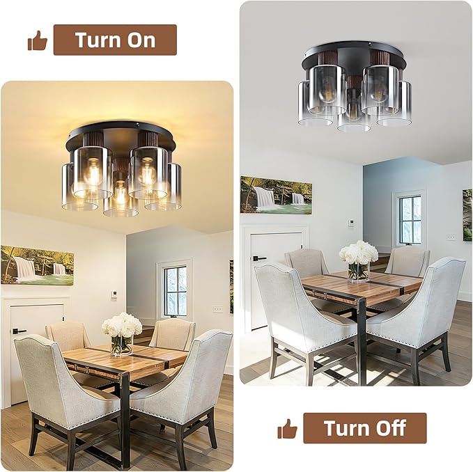 5-Lights Semi Flush Mount Ceiling Light Kitchen Lighting Fixtures Ceiling Black Walnut Wood Kitchen Cieling Light Fixtures with Clear Glass Shade for Dining Room Entryway Foyer Hallway