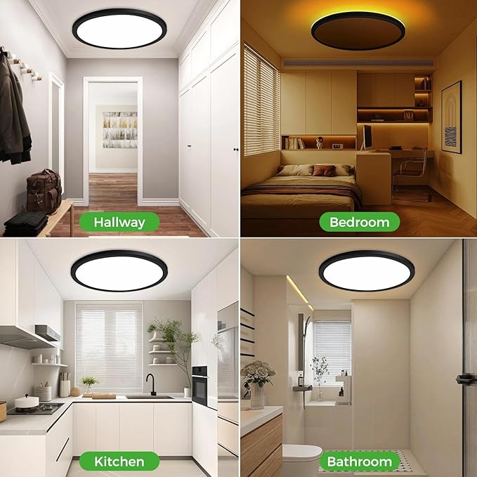 zemty 19 Inch LED Ceiling Lights with Night Light 1800K, 36W 3600lm Light Fixtures with Remote Control, 3000K-6500K Adjustable, Dimmable Low Profile Ceiling Lamp for Bedroom Dining Room Kitchen-Black