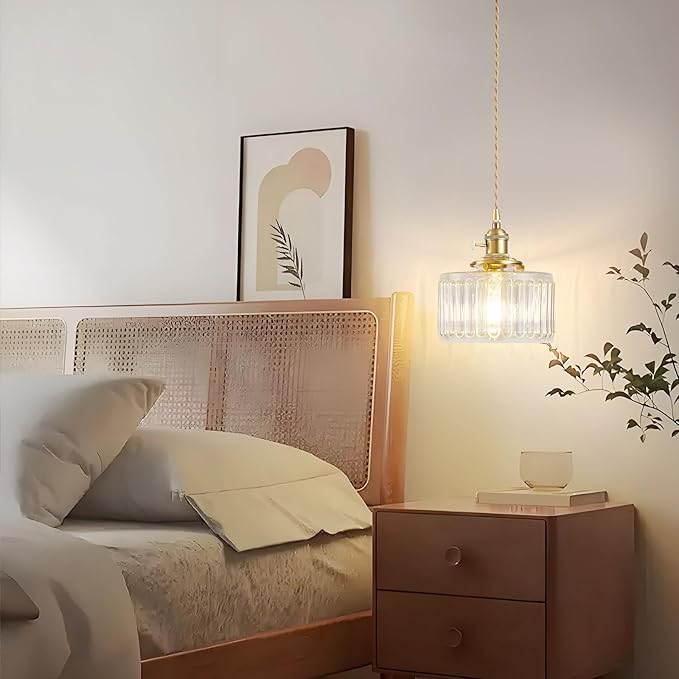 Plug in Pendant Light, Hanging Lights with Plug in Cord, Hanging Light Fixture with Clear Glass, E26 Pendant Lighting for Kitchen Island, Bedroom, Living Room-Transparent Color