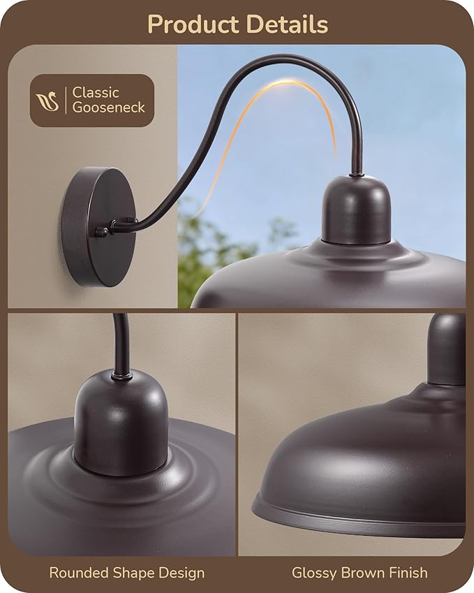 EDISHINE 12IN Farmhouse Outdoor Barn Light, 2 Pack Outdoor Wall Light Fixture, Gooseneck Outside Wall Sconce, Brown Wall Mount Lantern for Porch, Entryway, Garage