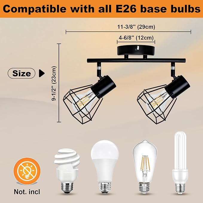 LTBLIGHT LED Track Lighting Kit, 2-Light Directional Ceiling Light Fixture, Black Metal Wire Cage Spotlight Fitting for Bedroom, Art Wall, Study Room, E26 Base, Bulbs Not Included