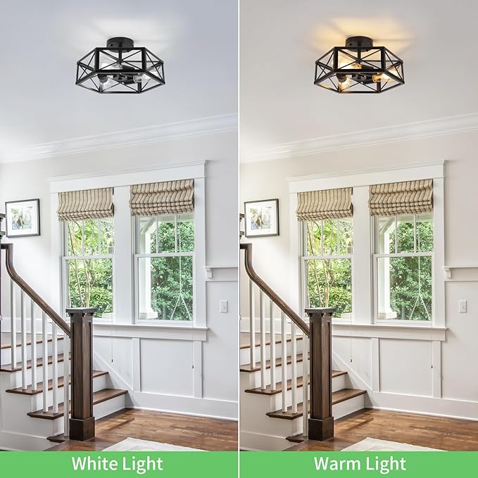 WILON Black Flush Mount Ceiling Light for Kitchen Hallway - 3-Light Industrial Close to Ceiling Lighting Farmhouse Metal Cage Light Fixtures Ceiling Mount for Foyer Kitchen Living Room(E26 Socket)