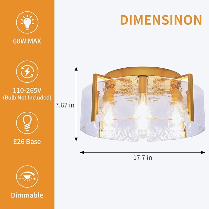 Modern 4-Light Gold Semi Flush Mount Ceiling Light, with Hammered Glass Shade, Round Hallway Lighting Fixtures for Kitchen Entryway,Bedroom,Dining Room,Living Room