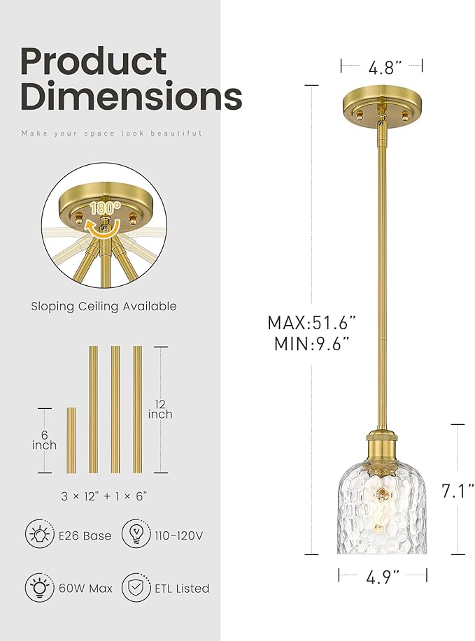 zeyu Modern 1 Light Hanging Lamp, Hanging Lighting Fixture Set of 2, Gold Pendant Light with Clear Hammered Glass, Brushed Gold Finish, ZJF63MIL-2PK BG