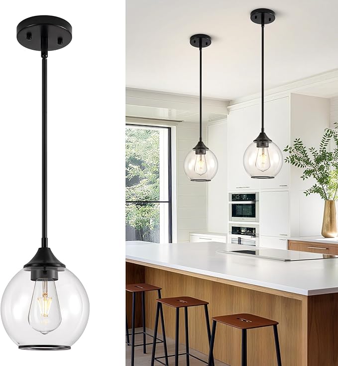 Pendant Lights Kitchen Island,Farmhouse Black Pendant Light with Clear Glass Globe Shade,6.29" Glass Pendant Light for Finish Farmhouse Entryway Dining Room Kitchen Island 1 Light