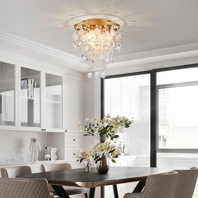 D11 inch Capiz Shell Crystal Ceiling Light, 3-Light Coastal Design Flushmount Close to Ceiling Light Fixture for Foyer, Hallway, Bedroom, D11 x H13 inch, Shell & Crystal & Copper Finish Frame