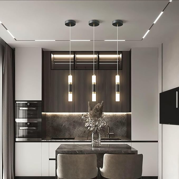 Modern Kitchen Island Light Fixture Dimmable LED Black Mini Pendant Light Bedroom Bedside Table Black Gold Small Pendant Lighting (3-Pack)