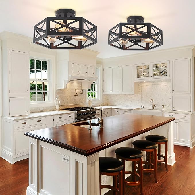 Semi Flush Mount Ceiling Light, Black 3-Light Fixtures Ceiling Mount with Hexagon Cage, Metal Industrial Close to Ceiling Light for Hallway, Kitchen, Bedroom (Black, 14.56''L)