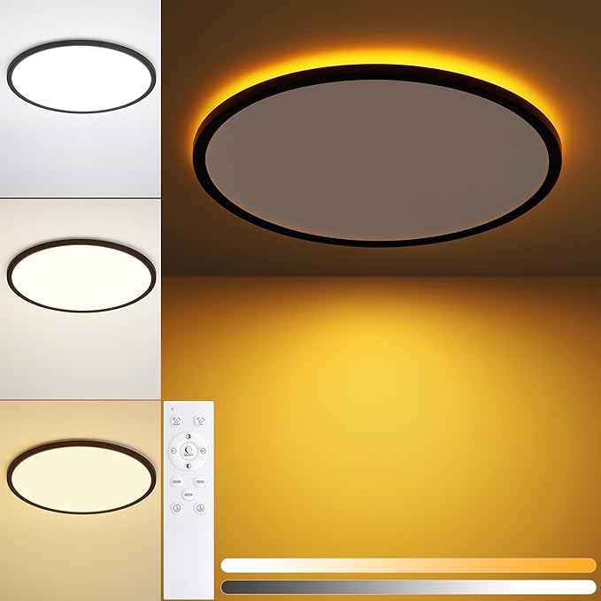 15 Inch Flush Mount Ceiling Light with Night Light, 36W 3600LM, Dimmable LED Ceiling Lights Fixture with Remote Control, 3000K/4000K/6500K Selectable, Slim Bright Bedroom Light Fixture, Round Black
