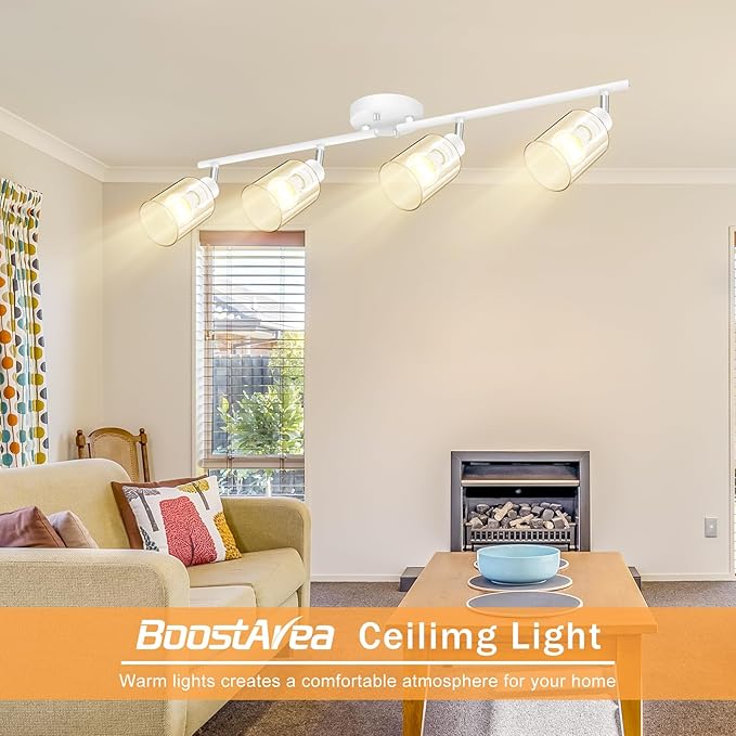BoostArea 4-Light Bathroom Light Fixtures, White Modern Vanity Wall Lights with Clear Glass Shade, Flexibly Ceiling Light for Mirror Kitchen Living Room Hallway Cabinet Porch