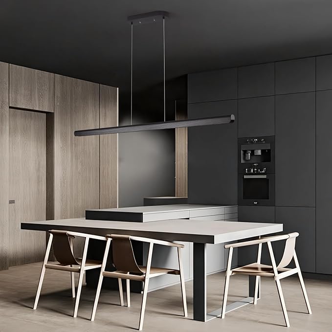 YISDESIGN 55inch Wood LED Linear Pendant Light, Dimmable Wood Ceiling Lamp,Minimalist Linear Chandelier, 40W Warm Light 3000K, Modern Kitchen Island Dining Room Lighting Black Adjustable Height