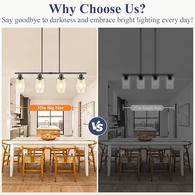 Dining Room Light Fixture Over Table, 4-Light Kitchen Island Lighting Hanging, Farmhouse Linear Chandelier for Dining Room, Matte Black Pendant Light Fixtures with Clear Glass Shade for Kitchen Island