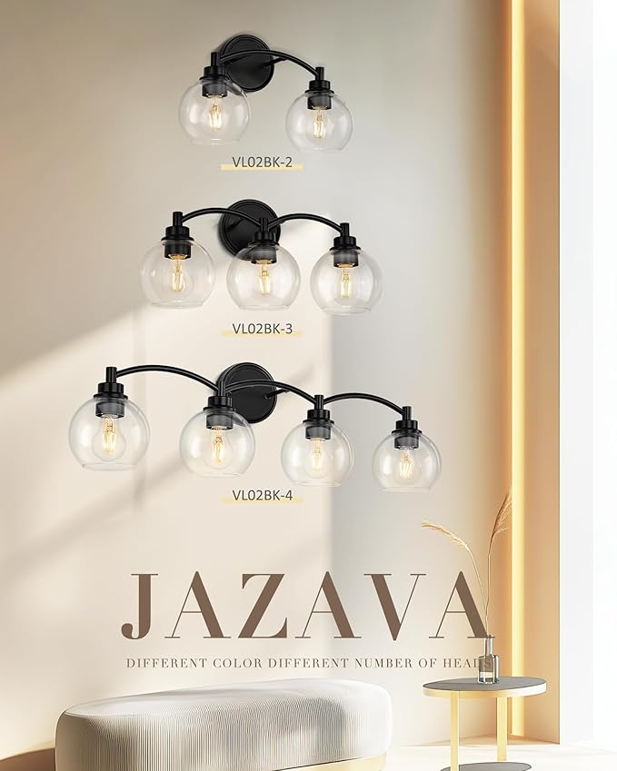 2-Light Vanity Light Fixture Over Mirror,Globe Bathroom Light with Clear Glass,Modern Black Wall Sconce,ZCVL02BK-2