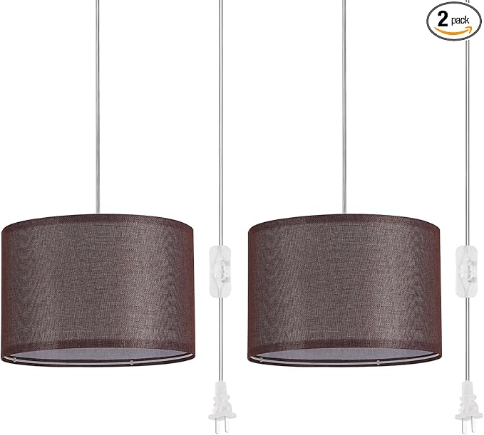 2 Pack Plug in Pendant Light, Hanging Light with 15Ft Clear Cord, On/Off Switch, Coffee Fabric Lamp Shade, Hanging Light Fixture for Bedroom, Kitchen