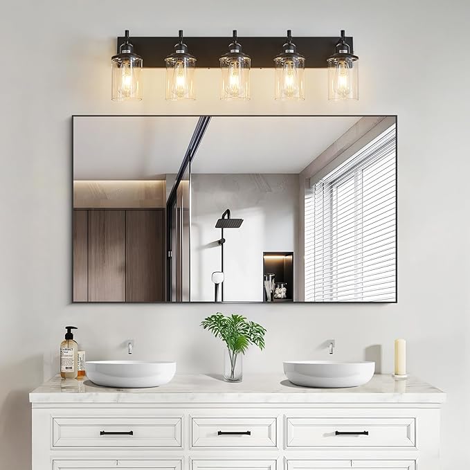Lanhall 5-Light Black Bathroom Light Fixture Over Mirror Modern Farmhouse Bathroom Vanity Light Vintage Wall Lighting with Clear Glass Shade for Bathroom, Bedroom, Hallway, Cabinet