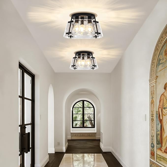 Modern Black Semi Flush Mount Ceiling Light 3-Light Hammered Glass Kitchen Lighting Fixtures Ceiling Hallway Lights Flush Mount Chandelier for Entryway Dining Room Bathroom Bedroom Foyer Lighting
