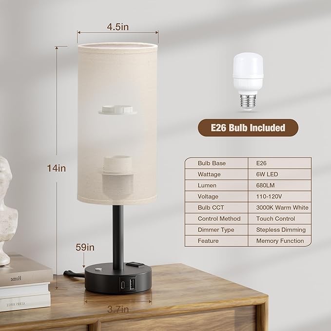 Touch Bedside Table Lamp with Memory - Stepless Dimmable Lamp for Bedroom, Small Nightstand Lamp with Dual USB Charging Ports and AC Outlet, Wood Night Light, Deak Lamp for Nursery (Beige & Black)