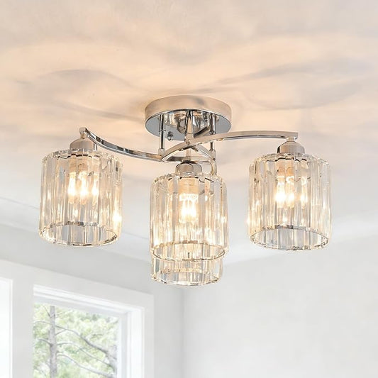 Crystal Chandelier, Modern Elegant Ceiling Light E26 Base Easy Installation Durable Metal Frame for Living Room Bedroom Dining Room, Silver