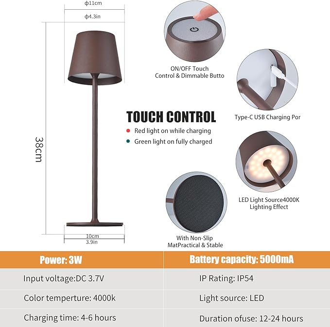 IMQSQIK 2 Pack Cordless Table Lamp, 5000mAh Portable Rechargeable LED Desk Lamp, 3 Color Modes Stepless Dimming Table Light with Memory Function, for Dinner, Patio, Home, Restaurant.