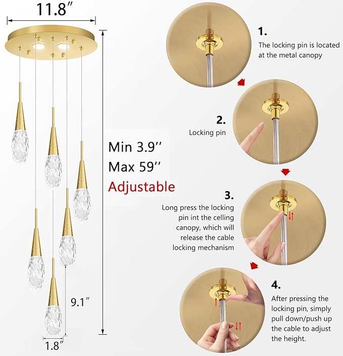 6-Lights Adjustable Pendant Lights for Kitchen Island LED Dimmable Light Fixture Modern Glam Crystal Hanging Lighting for Dining Room Bedroom Antique Gold
