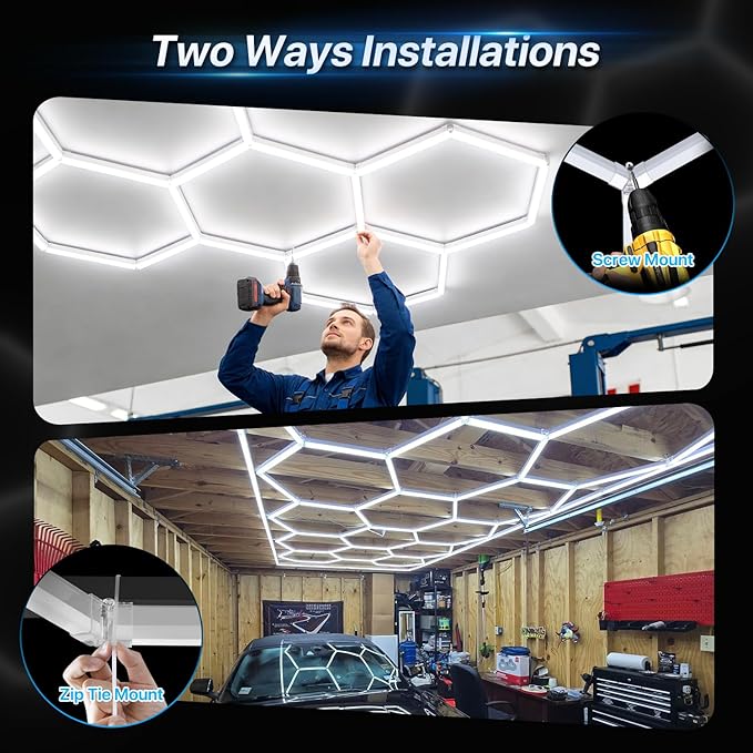 HYPERLITE Gen 2 Hexagon Garage LED Light, Upgraded 3 Level Dimmable 168W 16800LM Super Bright Garage Detailing Lights, 5 Grids Hex Shop Light, Hexagon LED Lights for Basement, Car Wash, Gym, Shop