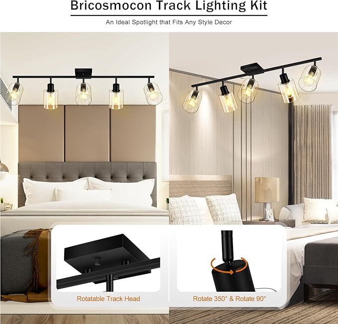 5-Light Track Lighting Fixtures with Clear Glass Shade, Modern Kitchen Lighting Fixtures Ceiling, Rotatable Track Head, Wall Mount Track Light for Bedside Vanity Hallway Bedroom, Matte Black
