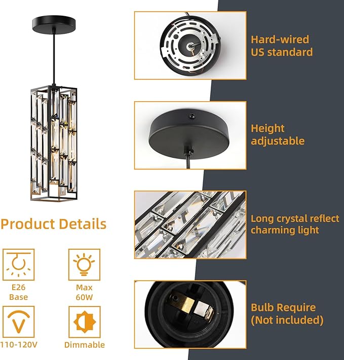 Black Pendant Lights Modern Pendant Light Fixture, Mini Crystal Pendant Ceiling Light, Pendant Light for Kitchen Island, Dinning Room, Bedroom, Kitchen Sink Lighting (2-Pack)