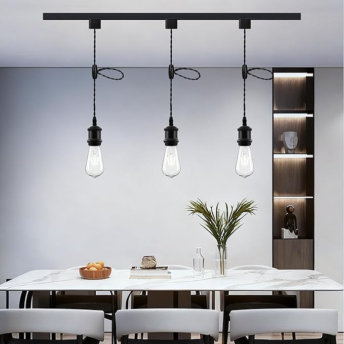 Universal H-Type Pendant Track Lights Kit with 3 Bulbs,3-Pack Black Track-Mounted Hanging Fixtures 4000K Natural Light Bulbs, E26 Socket for Kitchen Island and Dining Room