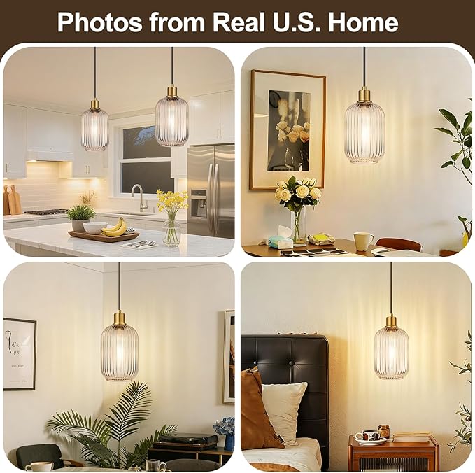 2 Pack Clear Cylinder Pendant Lights Kitchen Island with Ribbed Lampshade, Brushed Gold Hanging Light Fixture, Adjustable Pendant Lighting for Kitchen Island Sink Dining Room (Bulbs Not Included)