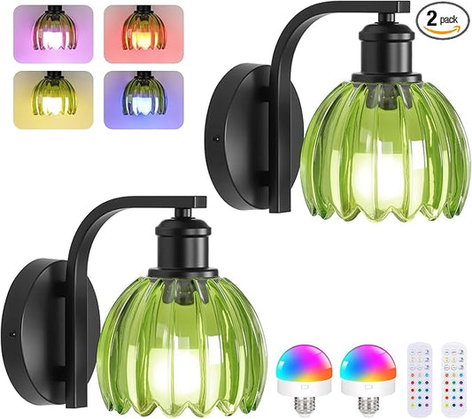 VerRon Rechargeable Battery Operated Wall Sconce Set of Two with Green Glass Lampshade, Wireless Wall Scone Decor with Remote Control, 15 Colors Black Wall Light for Bedside Hallway Bedroom Doorway