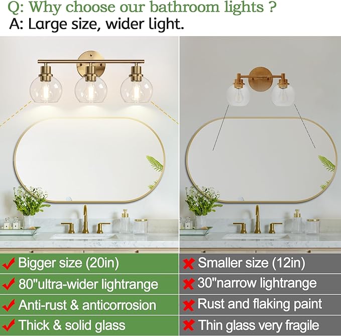 Indoi 3-Light Bathroom Light Fixtures, Brushed Brass Bathroom Lights Over Mirror with Clear Glass Globe Shade, Vanity Lights for Bathroom Kitchen Living Room Hallway Cabinet Bedroom Porch