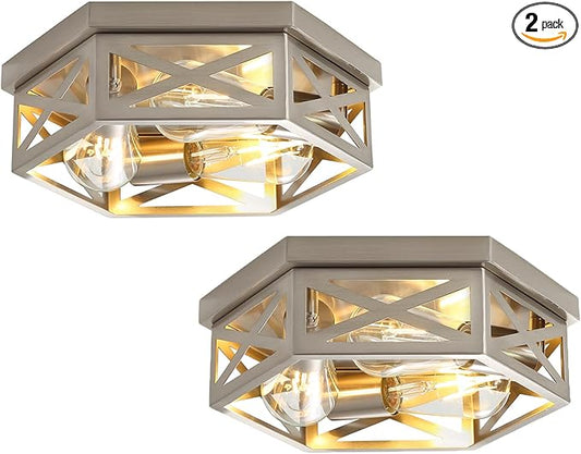 13 inch Brushed Nickel Flush Mount Ceiling Light Fixture,3-Light Hallway Light Fixtures Ceiling Mount for Kitchen Farmhouse Bedroom 2 Pack