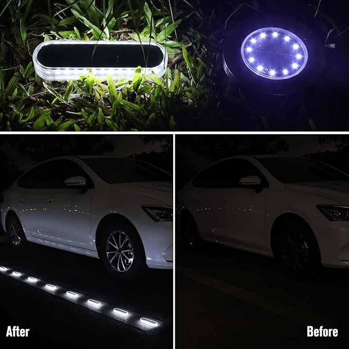 Honalia Solar Powered Driveway Lights, 6 Pack IP68 Waterproof Solar Dock Deck Lights Outdoor, White Stick on Markers Lights for Step, Stair, Sidewalk, Garden, Pathway, Patio, Walkway, Pool