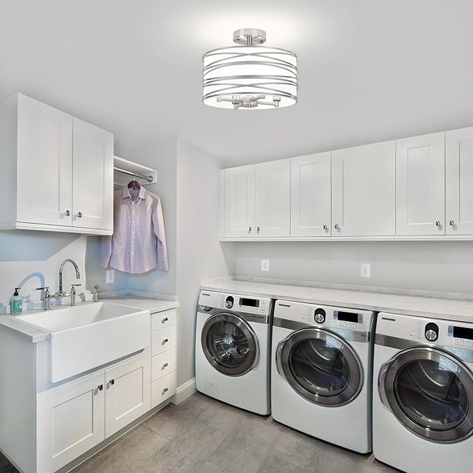 TOULMJ 4-Light Semi Flush Mount Ceiling Light, Brushed Nickel Drum Chandelier with White Fabric Shade, Modern Farmhouse Light Fixtures for Kitchen Island Laundry Room Hallway Dining Room