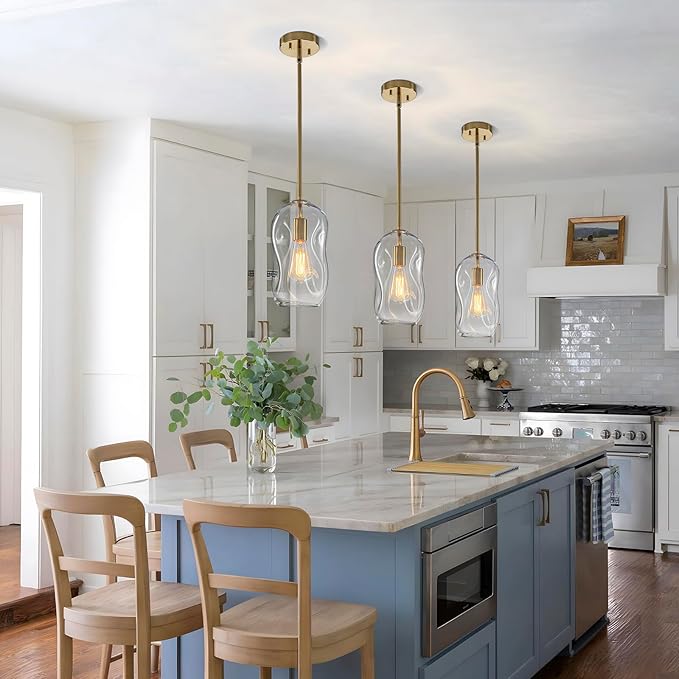 GoYeel Pendant Light Fixture - 1 Pack Blown Glass Pendant Hanging Lights, 11.4in Height Gold Finish Organic from Glass Pendant Lighting for Kitchen Island Hallway
