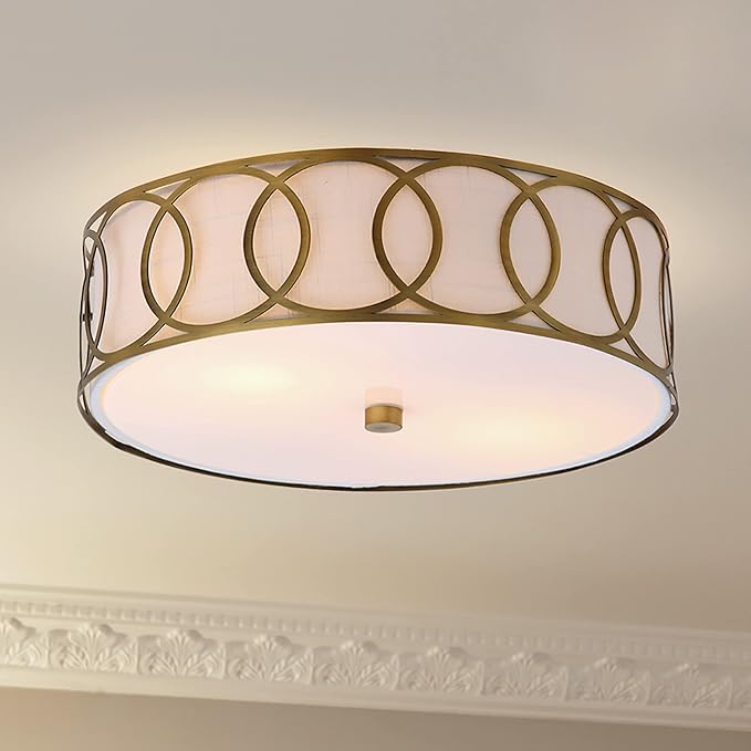 JONATHAN Y 12.25" Brass Gold 2-Light Modern Metal LED Flush Mount Ceiling Light for Bedroom Hallway, White Linen Drum Shade with Geometric Fretwork, LED Bulbs Included JYL3502A