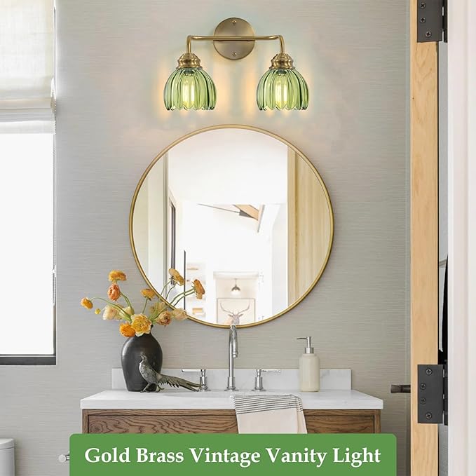 2 Light Vintage Bathroom Light Fixtures, Gold Bathroom Vanity Light, Brass Finish with Green Tulip Glass Shade, Wall Lighting for Bedroom, Living Room, Hallway,E26 Base