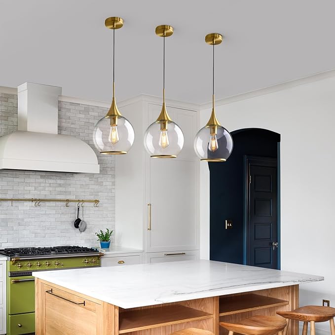 Pendant Lights Kitchen Island: Brushed Gold Light Fixture Farmhouse with Clear Glass - 10 Inch Mid Century Globe Kitchen Lighting Fixtures Ceiling for Dining Room